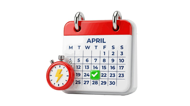 Vector illustration of 3d render of a calendar for april with a stopwatch and a checkmark icon on a transparent background