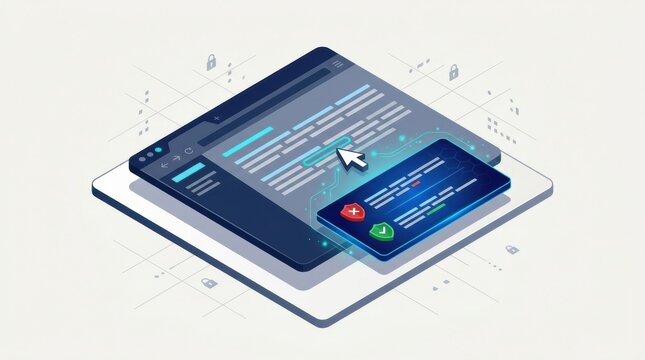 Illustration features isometric design of a computer screen displaying a hover link verification process related to cybersecurity awareness training