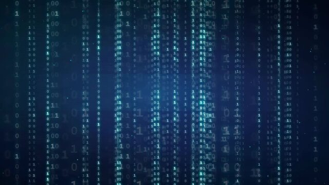 Abstract digital binary code streaming vertically on a dark blue technological background