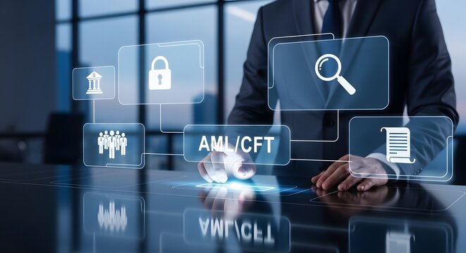 Businessperson interacting with a digital interface showing AML/CFT compliance icons, symbolizing financial security and regulatory adherence.