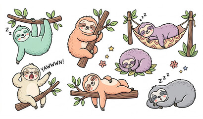 Fototapeta premium Sleeping Lazy Sloth Cartoon Collection with Cute Jungle Animal Vector Icons