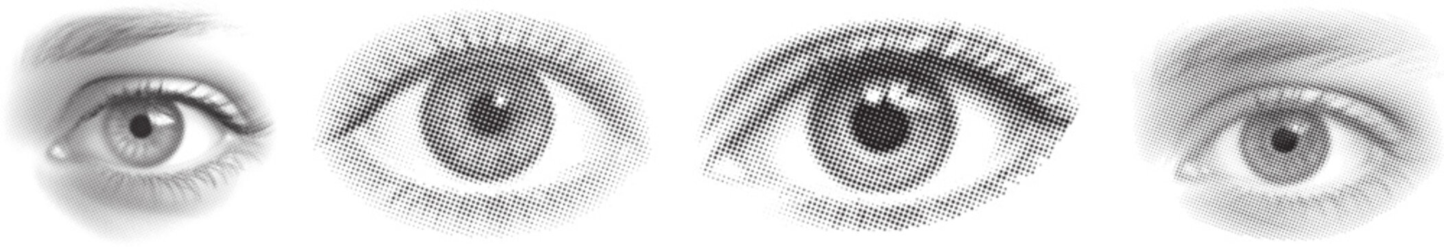 Retro Halftone Collage of human eyes with halftone dot effects and digital sketch isolated