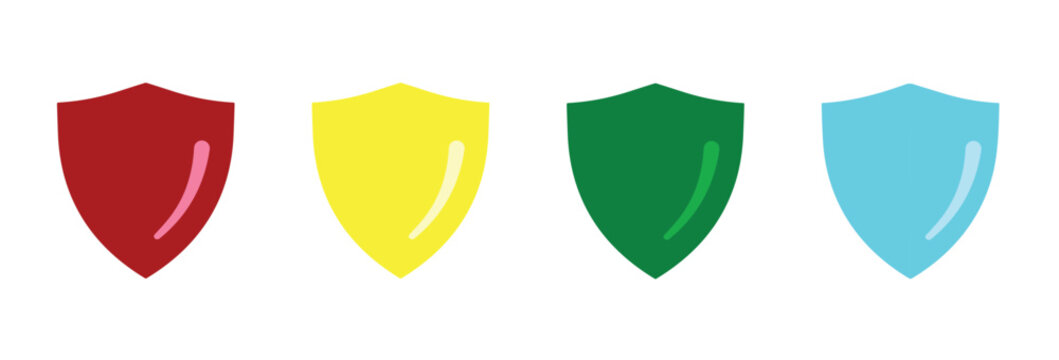Four Shields, Four Colors: A set of four vibrant shield icons, colored red, yellow, green, and blue, presented in a clean, graphic style, symbolizing protection, diversity, or different categories.