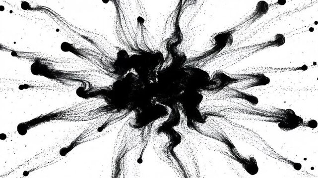 Black ink dissolving and spreading outward on a white background, creating an abstract liquid design