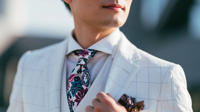 Close-up of stylish man in white checkered suit with floral tie and pocket square