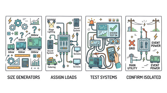 Step-by-step technical infographic illustrating the professional electrical power management and generator deployment process for industrial events