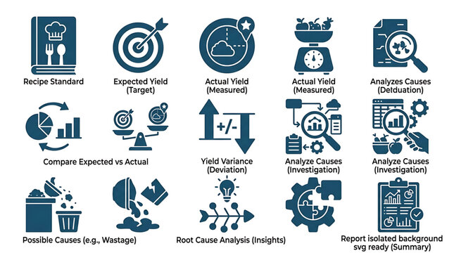Food Service Management and Culinary Yield Analysis Icon Set for Recipe Cost Control and Kitchen Waste Reduction