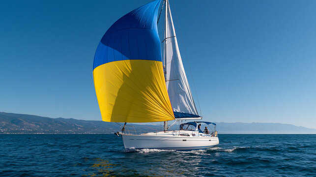 White Sailboat with Yellow and Blue Spinnaker Sailing on Calm Sea
