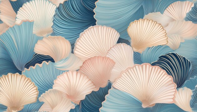 a delicate and trendy tossed scallop seashells seamless pattern with a pastel blue and beige color scheme perfect for fashion and fabric designs