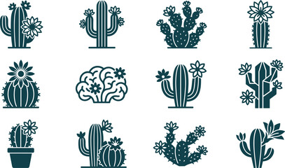 Set of twelve decorative cactus and succulent plant icons. © gunko