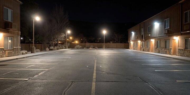 hotel parking lot with parking spaces for cars on asphalt