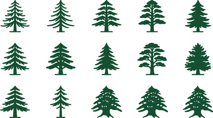 Collection of various green coniferous evergreen tree silhouettes. © gunko