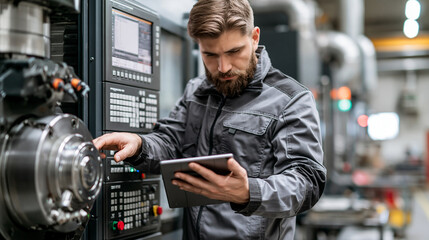 Obraz premium Focused technician operating CNC machine with tablet in industrial workshop