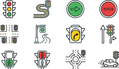 Fototapeta premium Set of colorful traffic control and road signal icons.