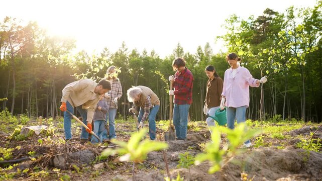 Eco family activity. Diverse volunteers planting trees and caring for young saplings. Men women and child supporting eco restoration together. Green sustainability project helping forest recovery.