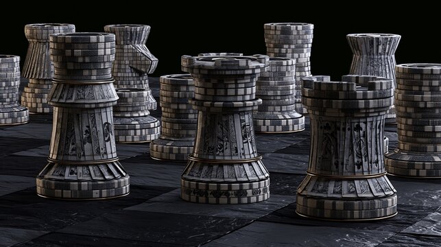 Hyper realistic conceptual composition of chess pieces made entirely from casino chips and playing cards