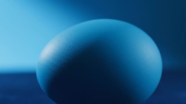 Single smooth blue egg on dark surface against a gradient blue background