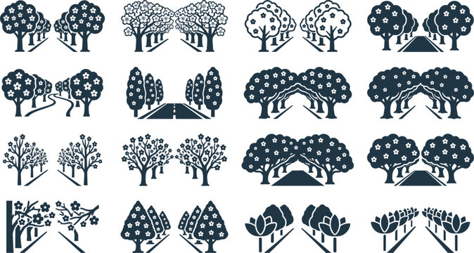 Set of black and white tree lined avenue icons.