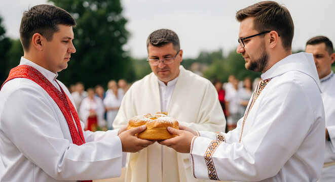 Two priests in white vestments holding a round loaf of bread. Religious clergy performing a traditional blessing ceremony outdoors