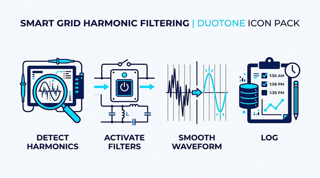 The graphic illustrates smart grid technology with icons for detecting harmonics, activating filters, smoothing waveform, and logging data on a digital interface.