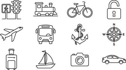 Set of travel and transportation outline icons including plane train car and bicycle. © melda