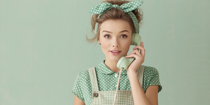 Retro 1950s style housewife using house phone - telecommunications concept with vintage style