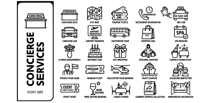 Hotel Concierge Guest Services Bold Line Icons-City Map Theater Tickets Taxi Limousine Airport Transfer Tour Bus Shopping Spa Booking-25 Concierge Icon Set Vector