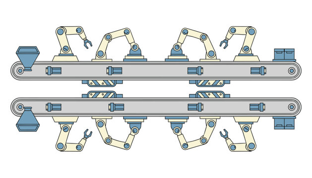 Multiple robotic arms are positioned along two parallel industrial conveyor belts against a neutral and light grey background setting today.