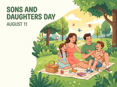 A family having a picnic on a blanket in a park on sons and daughters day