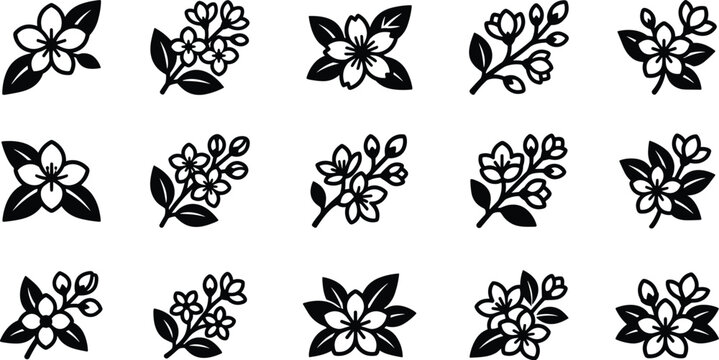 Set of black and white floral icons with jasmine flowers and branches.