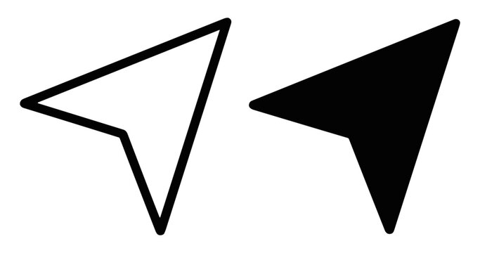 Set of two simple black and white arrow cursor icons in outline and solid style on transparent background