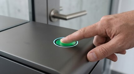 Naklejka premium Male finger pressing glowing green biometric fingerprint scanner on metallic panel for secure office access commercial technology abstract concept