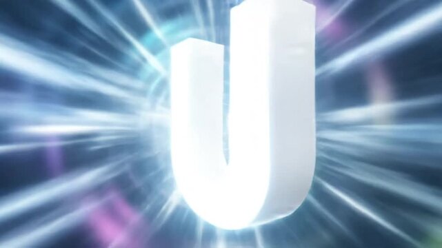 Abstract white letter U design in a swirling tunnel of colorful motion graphics with optical illusion background.