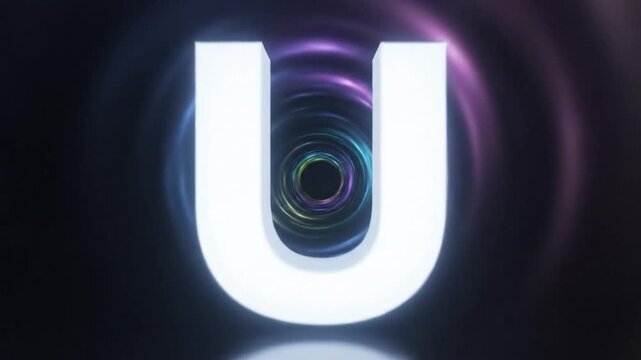 Abstract 3D animated tunnel with the white letter U in the center against a colorful background