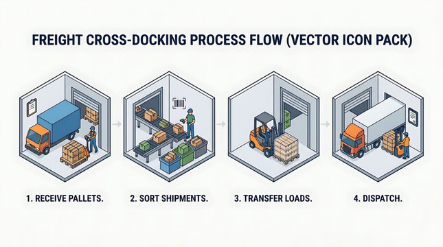 Logistics team efficiently manages freight cross-docking process flow with trucks, pallets, forklifts, and shipments in a warehouse.