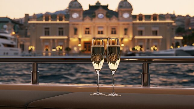 Hyper realistic luxury lifestyle shot of Monte Carlo casino view from a superyacht deck at sunset