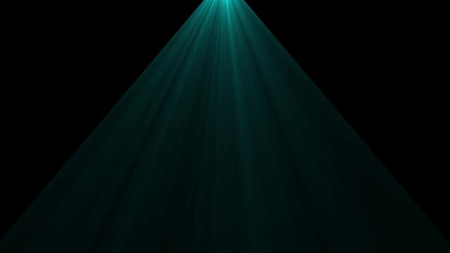 Cyan light beam shining upwards from the bottom center creating a triangular spotlight effect against a dark black background for stage lighting