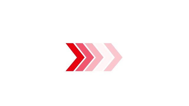 A series of five red chevron arrows pointing to the right with a gradient effect fading from light pink to dark red isolated on a white background