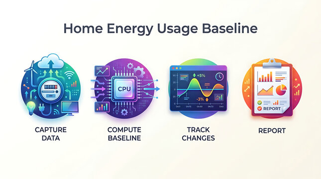 A home energy usage baseline report is generated by capturing data, computing the baseline, tracking changes, and reporting results.
