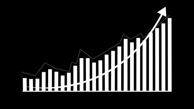 White bar chart showing upward growth trend with a rising arrow and a dotted line graph on a black background for financial data analysis concepts