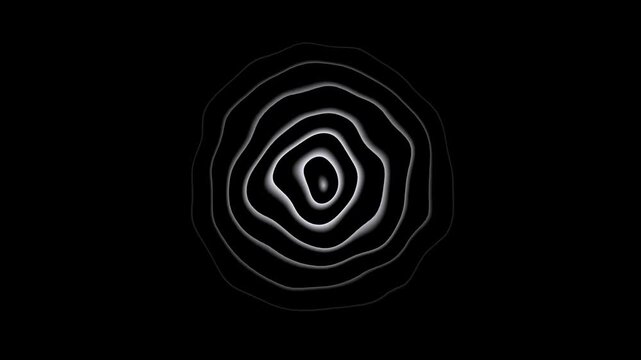 Concentric white circular rings with irregular wavy edges creating a ripple effect on a black background for abstract motion and sound wave visuals
