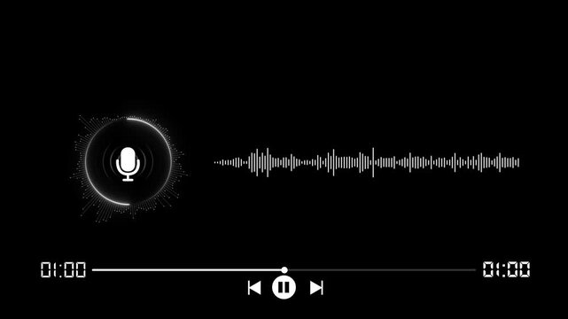 White glowing circular audio waveform visualization with a central microphone and linear sound wave on a black background
