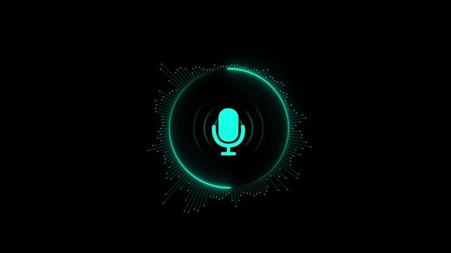 Cyan circular audio waveform visualizer with a centered microphone on a plain black background for digital media and sound recording interfaces