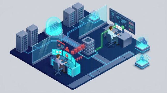 Two professionals work at computers in a secure server room, monitoring data, responding to alerts, and enhancing cybersecurity protocols