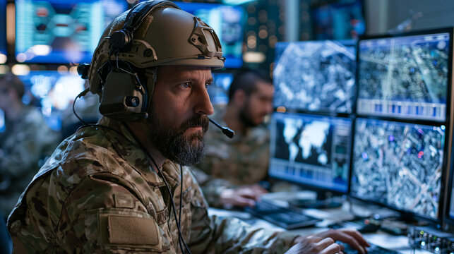Focused military operator analyzing intelligence data on multiple screens in control room