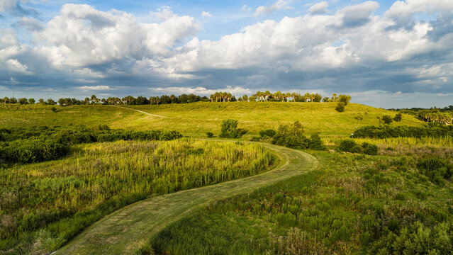 Celery Fields features a prominent hill&mdash;a landmark in Sarasota, Florida. It rises boldly over lush emerald wetlands, a shimmering lake, and winding trails. Evening light illuminates the vibrant green 