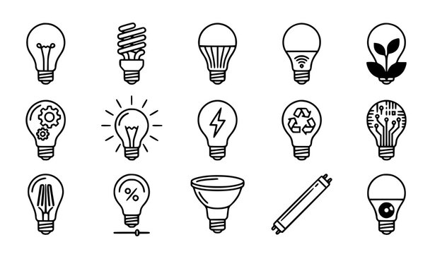 Light Bulb Line Icon Set with Energy Innovation Idea and Electricity Symbols Vector Collection