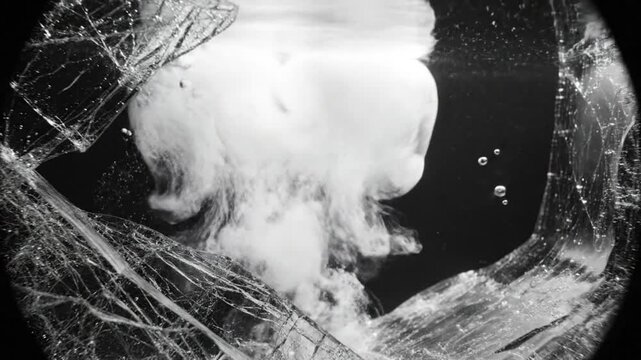 Black and white underwater explosion with bubbles, water, and shattered abstract glass creating artistic visual movement