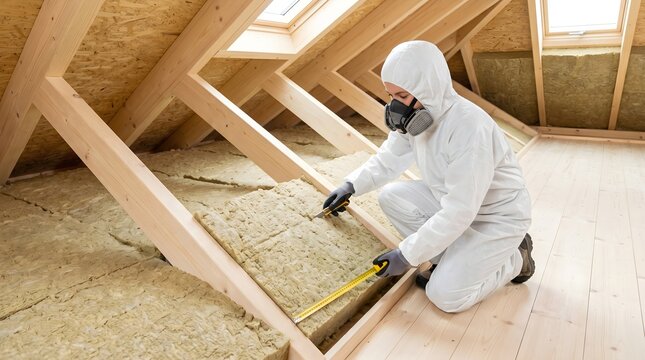 Professional worker in protective suit and respirator installing mineral wool insulation in wooden attic loft for energy efficiency home renovation concept