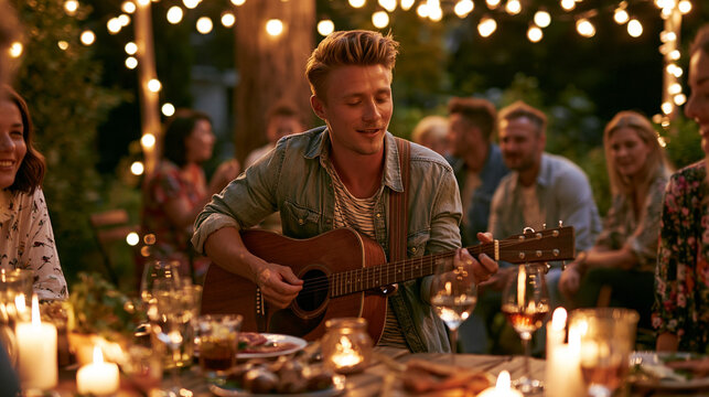 Young man playing acoustic guitar at outdoor evening gathering with friends